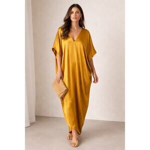 HATCH Riviera Maxi Dress | Luxe Satin Look Dolman Caftan | Marigold | One Size